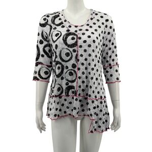Carine Top Womens Small White Black Polka Dot Sheer Tunic Artsy Mod Asymmetrical